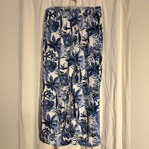 George White Top with Blue Tropical Leaf Print & Pants